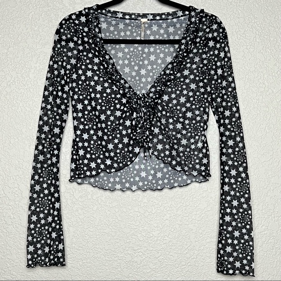 NEW FREE PEOPLE Y2K Sheer Star Tie Front Ruffle V-Neck Long Sleeve Crop Top XS - Picture 5 of 15